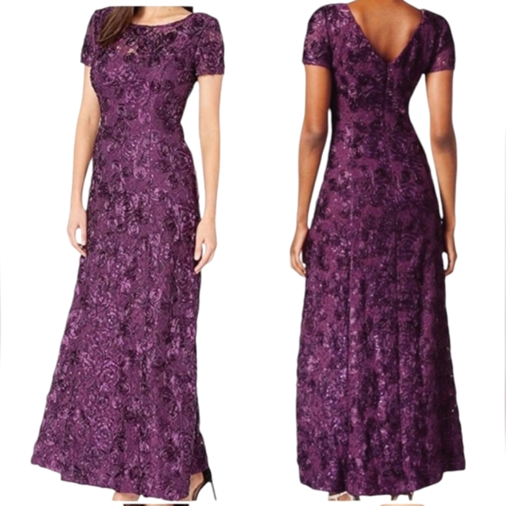 Alex Evening's Purple  Sequined Floral Cap Sleeve A line Formal Gown